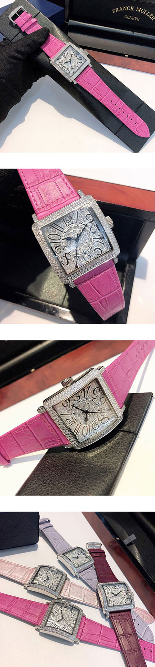 人気新品 FRANCK MULLER コピー時計 レディース クォーツムーブメント搭載 4色 日付表示 全面ダイヤ 革バンド